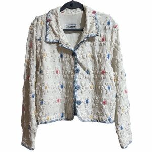 Vintage STARFIRE 80s Cotton Popcorn Textured Blazer Multicolor Accents White Lg